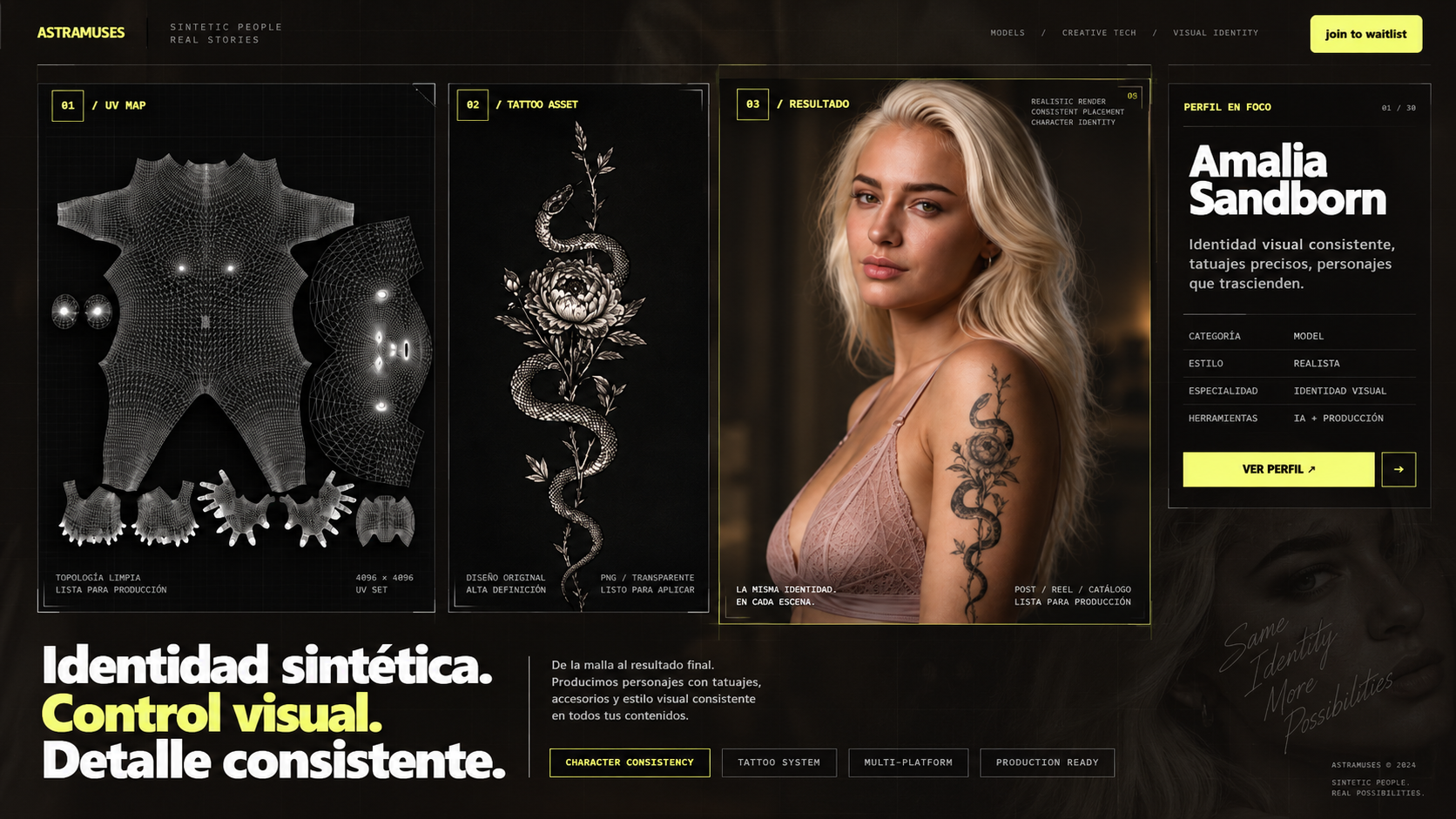 Composición visual de Astramuses con identidad sintética, perfil de modelo y detalles editoriales