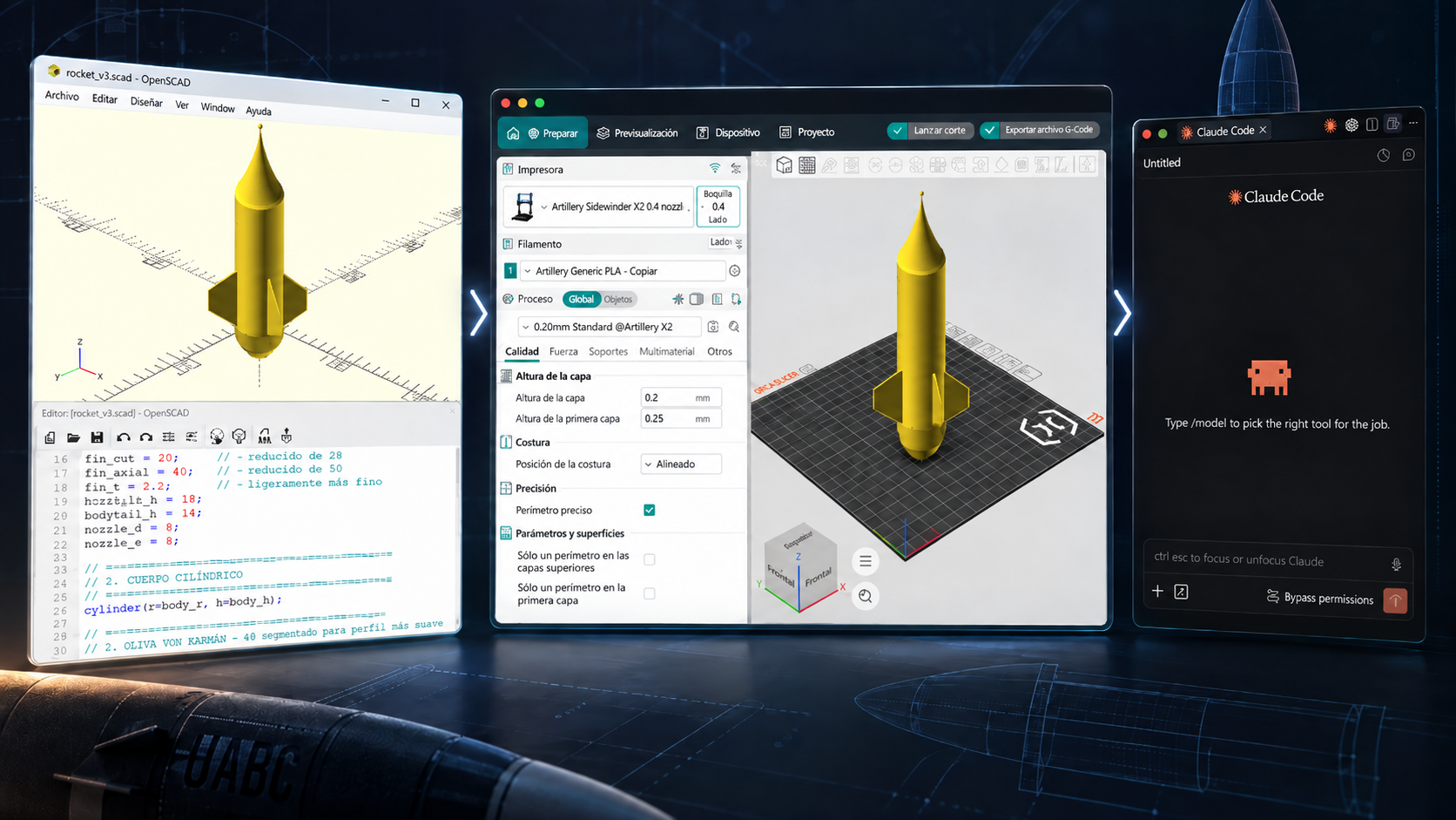 Flujo de diseño e impresión de cohete UABC con OpenSCAD, Orca Slicer y Claude Code