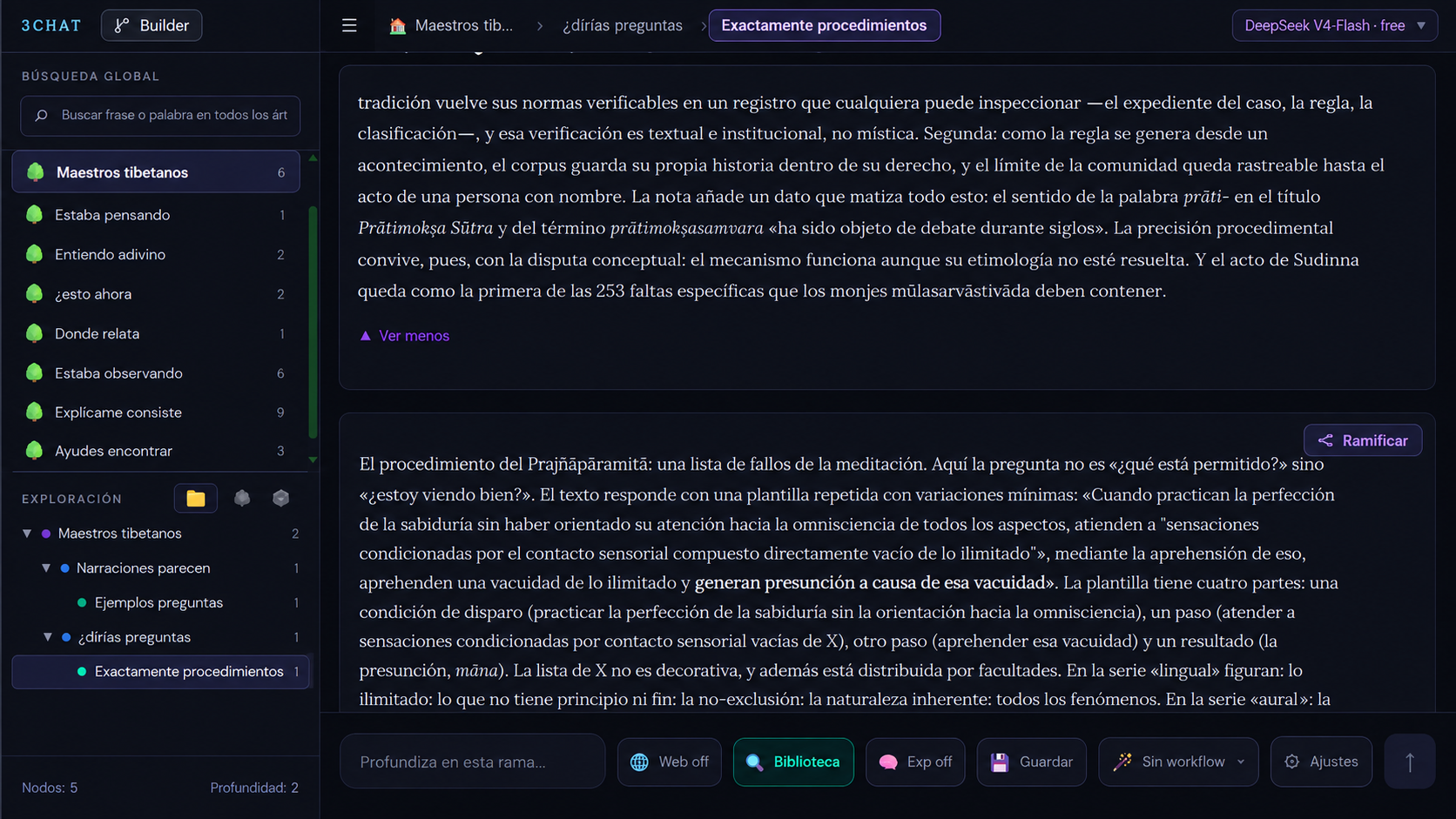 Interfaz oscura de Treechat mostrando exploración ramificada y lectura asistida